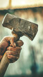 Eine schmutzige Hand eines Arbeiters hält einen sehr rustikalen Hammer