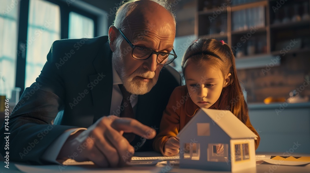 Senior man with a child engaged in creative activity, building a model ...