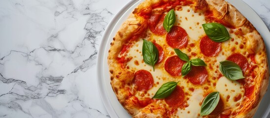 Sticker - Delicious pizza with melty cheese, ripe tomato slices, and fresh basil leaves on rustic wooden table