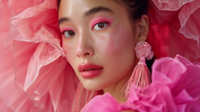 Asian fashion woman with Korean makeup style on face in pink dress. Oriental girl , cosmetics, cosmetology and fashion.Asia beauty model with tassel earrings .