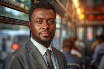 Poster - African American man on public transport. Transportation concept. Background with selective focus and copy space