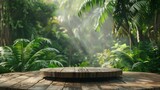 Fototapeta Londyn - Wood tabletop podium floor in outdoors tropical garden forest blurred green palm leaf plant nature background.Natural product placement pedestal stand display,jungle paradise concept.
