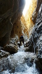 a man standing in a river between two large rocks