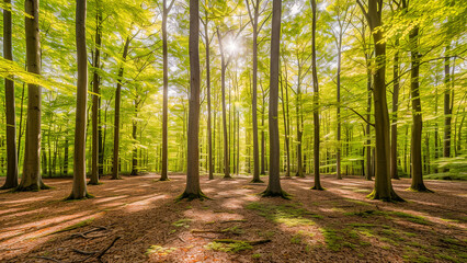 Sunlight streaming through a vibrant green forest with tall trees and a peaceful atmosphere.