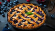 Pi Day special homemade blueberry pie baked in a skillet, celebrating Lunar New Year with traditional lantern decorations, illuminating a festive gathering, Generative Ai.

