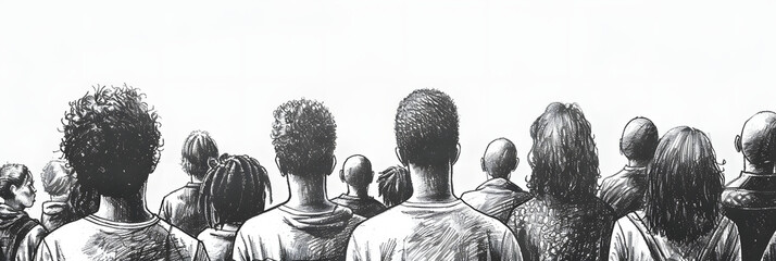 Canvas Print - A monochrome illustration depicting a diverse group of individuals from behind, in a crowded setting, rendered in a sketch style with black and white shading.