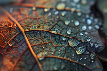 Wall Mural - a close up of a leaf with drops of water on it