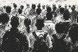 A monochrome illustration depicting a diverse group of individuals from behind, in a crowded setting, rendered in a sketch style with black and white shading.
