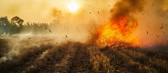 Poster - Scenic view of a mesmerizing fire burning in a vast field with majestic birds flying around