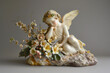 © retbool - figurine of an angel with flowers, marble angel sitting on a stone with flowers, generative ai