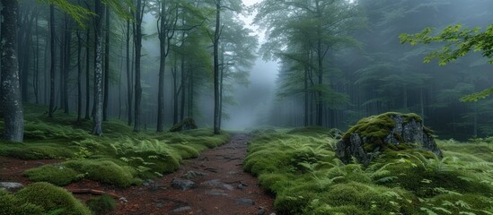 Sticker - Panoramic view of a mysterious dark forest in a fog.