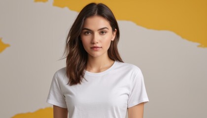 Young woman in white shirt mockup on yellow background.