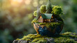 A miniature house is on a globe with trees and water.