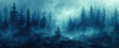 Wild natural landscape with mountains, coniferous fores and heavy fog. Created with Ai