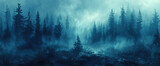 Fototapeta  - Wild natural landscape with mountains, coniferous fores and heavy fog. Created with Ai