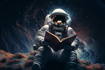 Wall Mural - a boy waring an astronaut suit reading a book in outer space