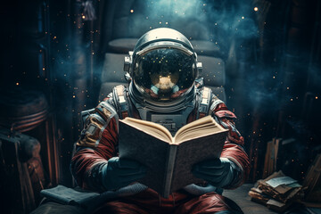 Wall Mural - a boy waring an astronaut suit reading a book in outer space