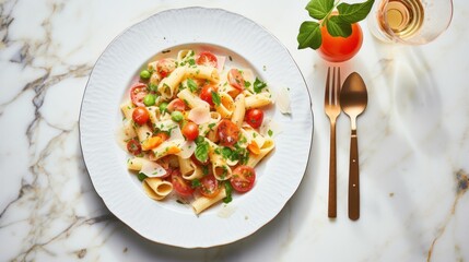 Wall Mural - vegetarian pasta dish with vegetables tomato,pasta primavera,above on a white marble table, 