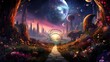 A cosmic garden in 3D, with celestial flowers blossoming amidst swirling galaxies, creating a mesmerizing cosmic tapestry.