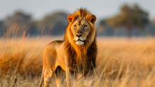 A Lion Stands In A Golden Field Of Grass, With Trees In The Background.
