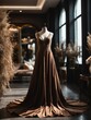 Beautiful brown formal dress gown with spotlight in middle of a luxurious bridal shop setting from Generative AI