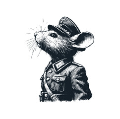 The mouse wear police uniform. Black white vector illustration.