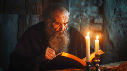 Wall Mural - An aged bearded orthodox christian monk reading bible