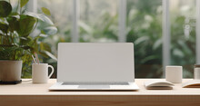 A Laptop With An Apple Near It Background,Business Office Mockup Images,Blank Screen And Metal Laptop Background Generative AI