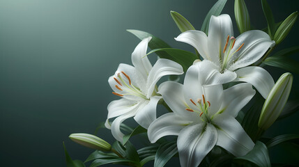 A white Lily background with leaves and petals, a beautiful floral arrangement.