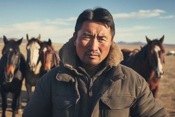 Mongolian man of 30-40 years old stands against the herd of grazing horses.