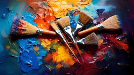 a set of artist paintbrushes with vibrant paints on a palette.