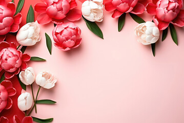 Wall Mural - Beautiful composition spring flowers. Bouquet of tulips on pastel pink background. Valentine's Day, Easter, Birthday, Happy Women's Day, Mother's Day. Flat lay, top view, copy space