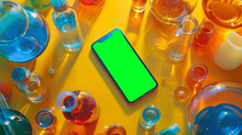 A Vividly Colored Laboratory Setup, With A Green-screen Smartphone Amidst An Array Of Colorful Chemicals In Petri Dishes, Test Tubes, And Flasks, Illuminating The Blend Of Technology And Science.