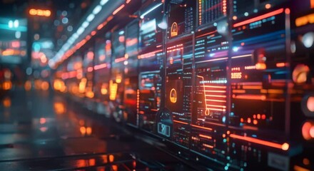 Digital marketplace bustling with virtual shopping carts and colorful parcel boxes under neon lights