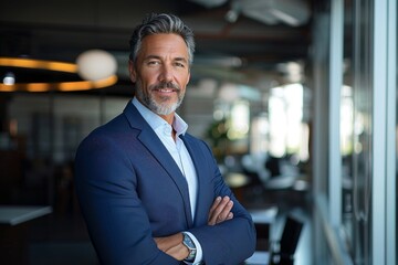 Happy middle aged business man ceo standing in office. Smiling mature confident professional executive manager, confident businessman leader wearing blue suit posing for corporate, Generative AI