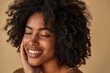 Happy young adult African American woman beauty female model, pretty 20s Black lady with curly hair beautiful face advertising skin care products isolated at beige background. Generative AI