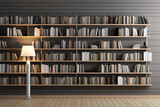 Fototapeta Londyn - 3d rendering bookshelves with books and lamp on wooden floor
