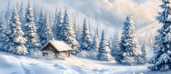 Sticker - A serene winter scene with a cozy cabin nestled in a blanket of snow