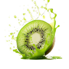 Wall Mural - a kiwi fruit suspended in mid-air, surrounded by a lively burst of kiwi juice on transparency background PNG