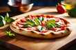 Delicious round pizza with tomato, cheese, vegetables and green basil leaves on wooden board on kitchen. Tasty tradition Italian food.