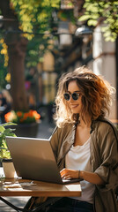 Wall Mural - Businesswoman having a video conference on her laptop from a cozy cafe terrace during the summer, 