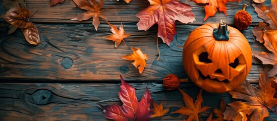 Canvas Print - Rustic Pumpkin Decor with Autumn Leaves on Wooden Surface - Fall Harvest Festival Concept