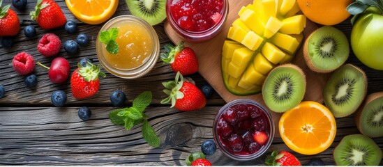 Sticker - Assorted fresh fruits and colorful juices displayed on a rustic wooden table