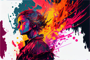 Wall Mural - dark comic-style splattered portrait with a variety of vibrant colors