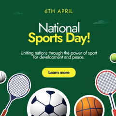 International Sports Day. 6th April National Sports day for development and peace celebration banner with different sports equipment and athlete gear tennis ball, rackets on dark green background.