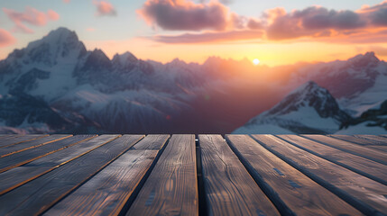 Wall Mural - A wooden floor looks out over a stunning mountain range at sunset.