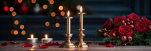 An Enchanting Valentine's Day Scene Showcasing A Pair Of Elegant Candlesticks Adorned With Gold Accents, Surrounded By Red Rose Petals And Set Against A Backdrop Of Soft Studio Lighting
