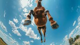 Fototapeta  - Horse jumping down against a blue sky. Animal in the air in motion
