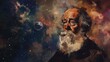 Galileo portrait in watercolor style with space cosmos astronomy elements and historical significance