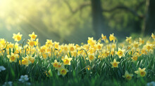 A Magical Field Of Daffodils In Bloom, Their Cheerful Yellow Petals A Welcome Sign Of Spring's Arrival.